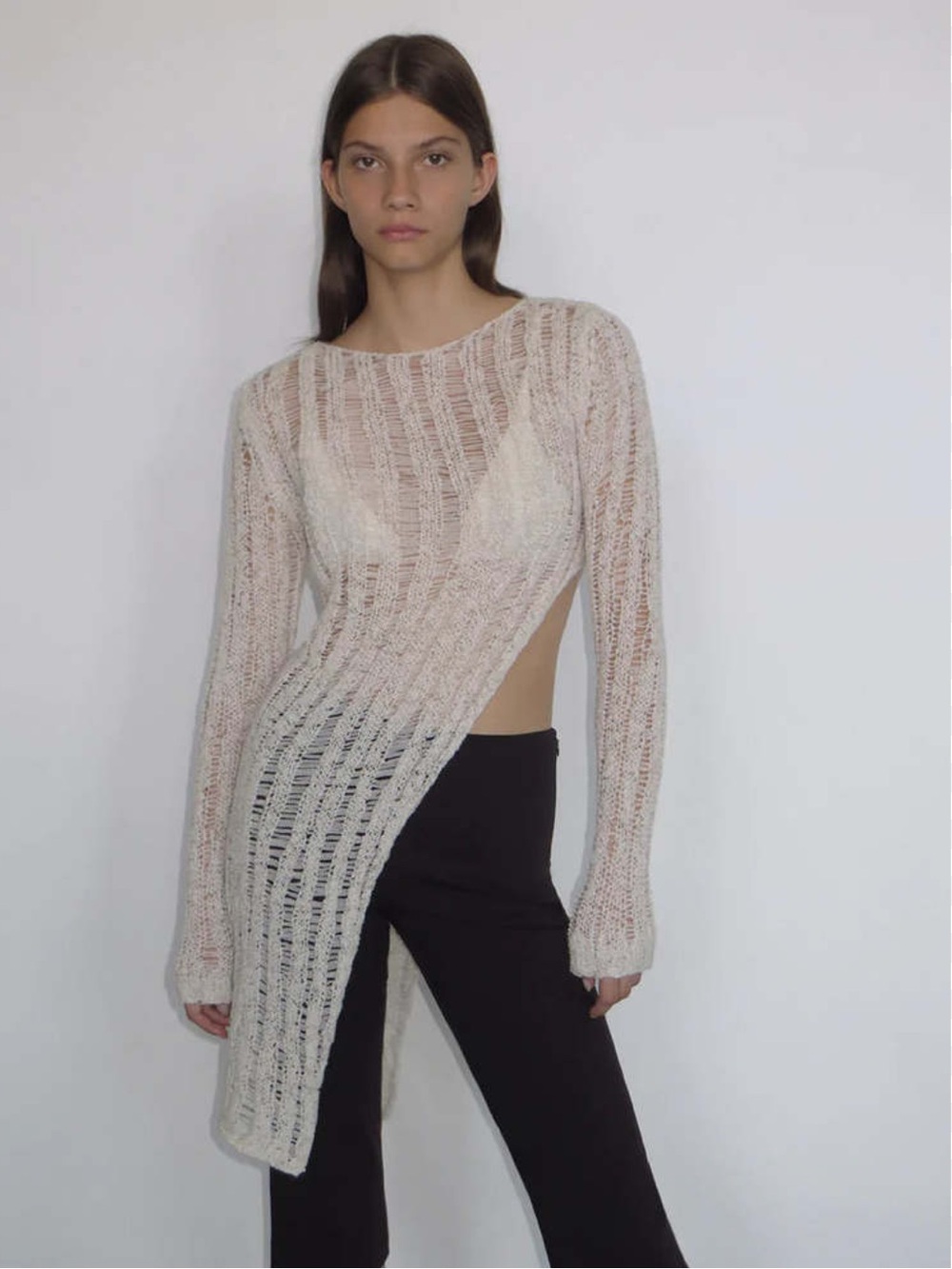 Paloma Wool Cream Asymmetric Sheer Knit Top